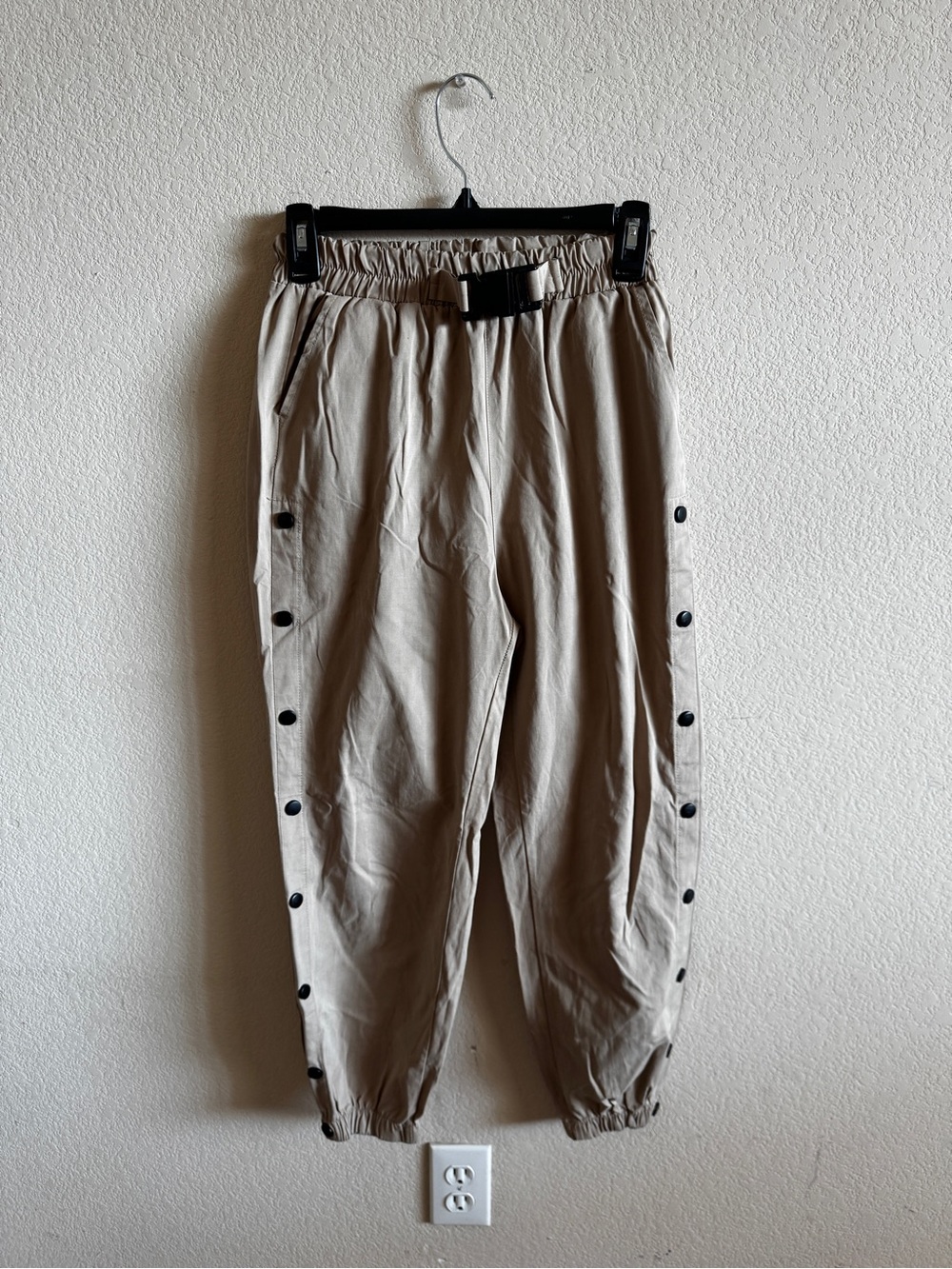 Beige Snap-Button Track Joggers
